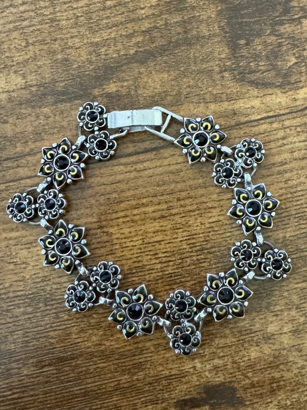 Vintage Brighton Garden of Eden Black Enamel Flower Link Bracelet Silver Tone
